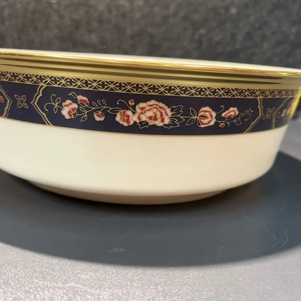 Lenox Royal Peony 9” Round Vegetable Serving Bowl Rust Flowers On Blue Band Rare